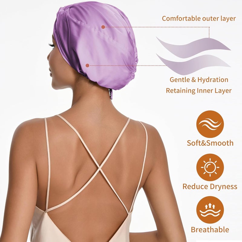elio Adjustable Silk Satin Hair Bonnet for Sleeping with 5% Mulberry Silk – Double Layer Hair Cap for Women & Men, Extra Smooth Night Cap for Curly, Braided, Natural Hair – Silk Shower Cap (Lavender) - Image 3